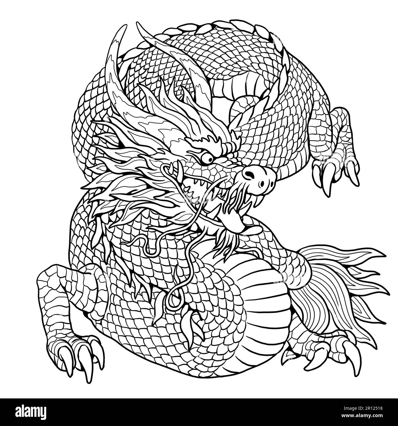 Chinese Dragon Long coloring page. Fantasy illustration with mythical creature. Asian dragon drawing coloring sheet. Stock Photo