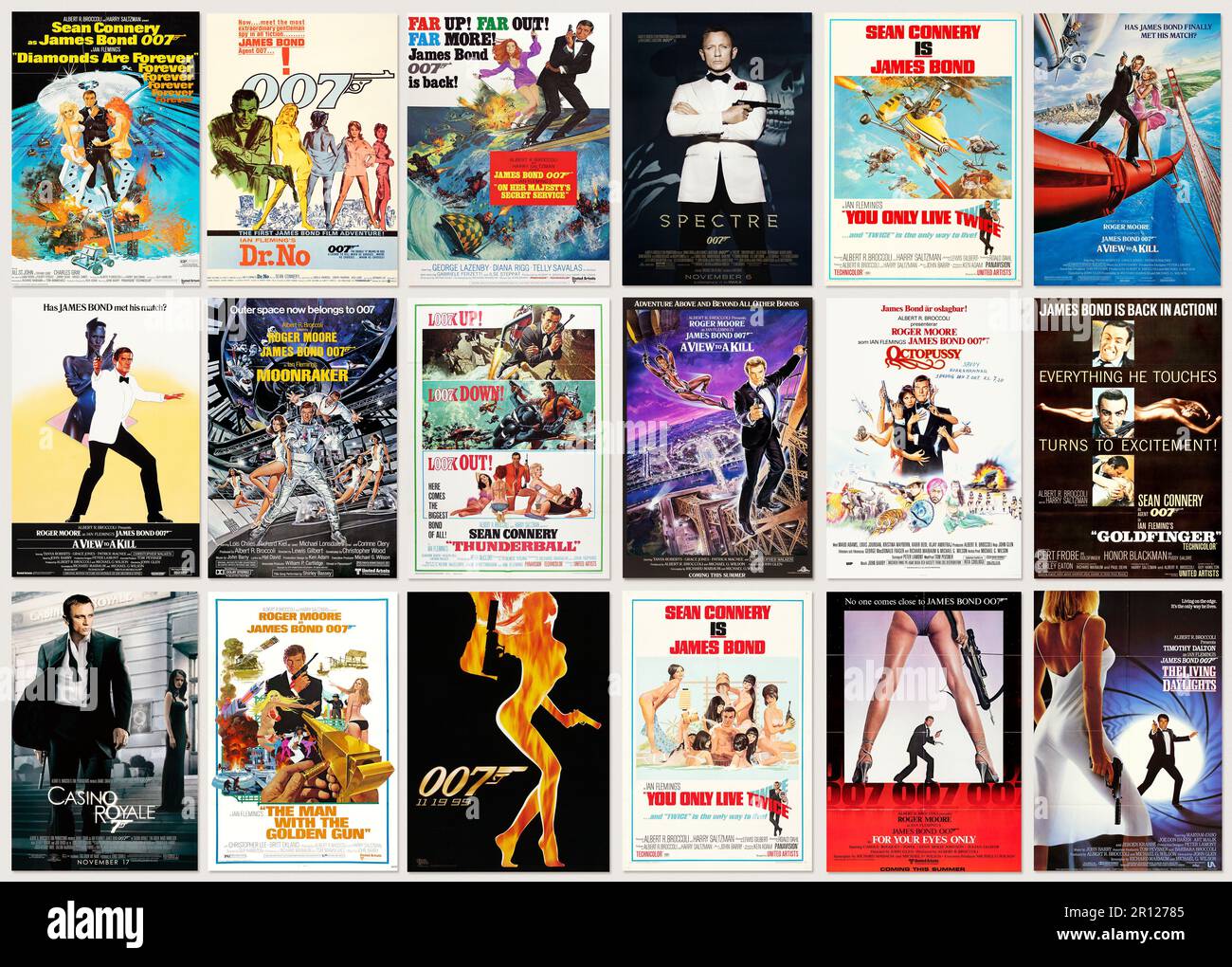 James Bond 007 old retro movie posters, collection of authentic vintage cinema advertising designs Stock Photo