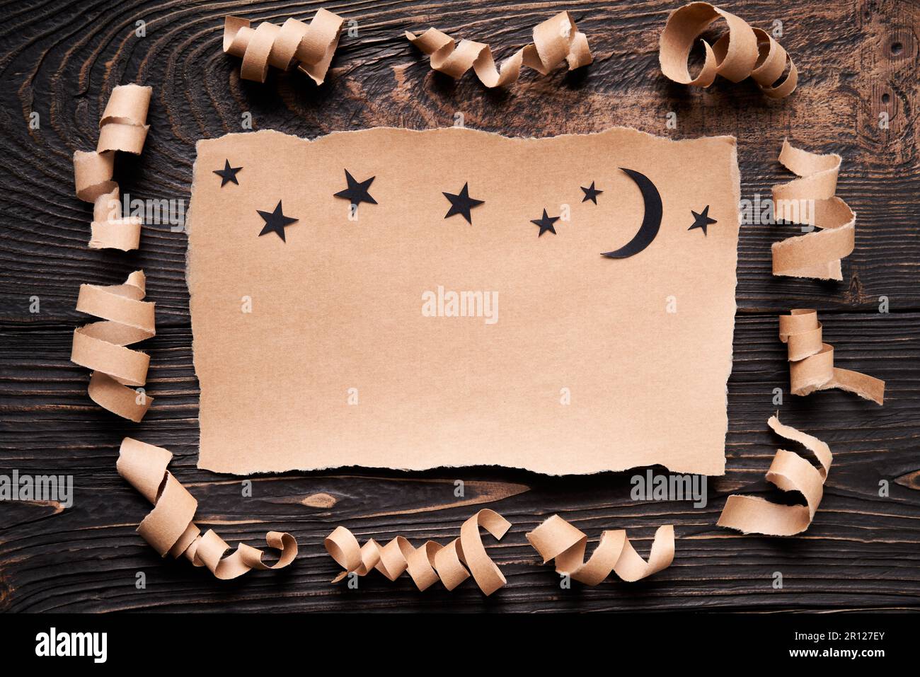 Open Ripped Present Paper Invitation Ripped piece of paper with moon and stars, paper art style. Greeting ...