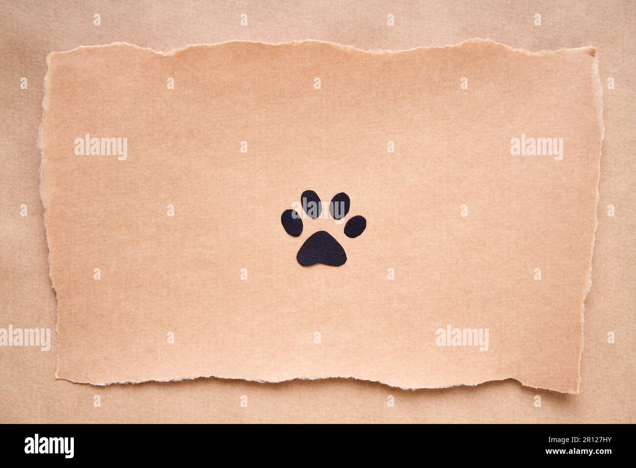 Paw print icon on craft paper with ripped edges, paper art style