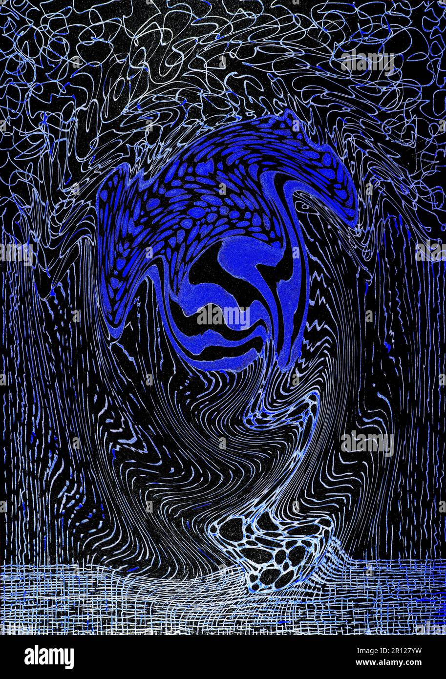 Doodle of distortion on black background. The dabbing technique near ...
