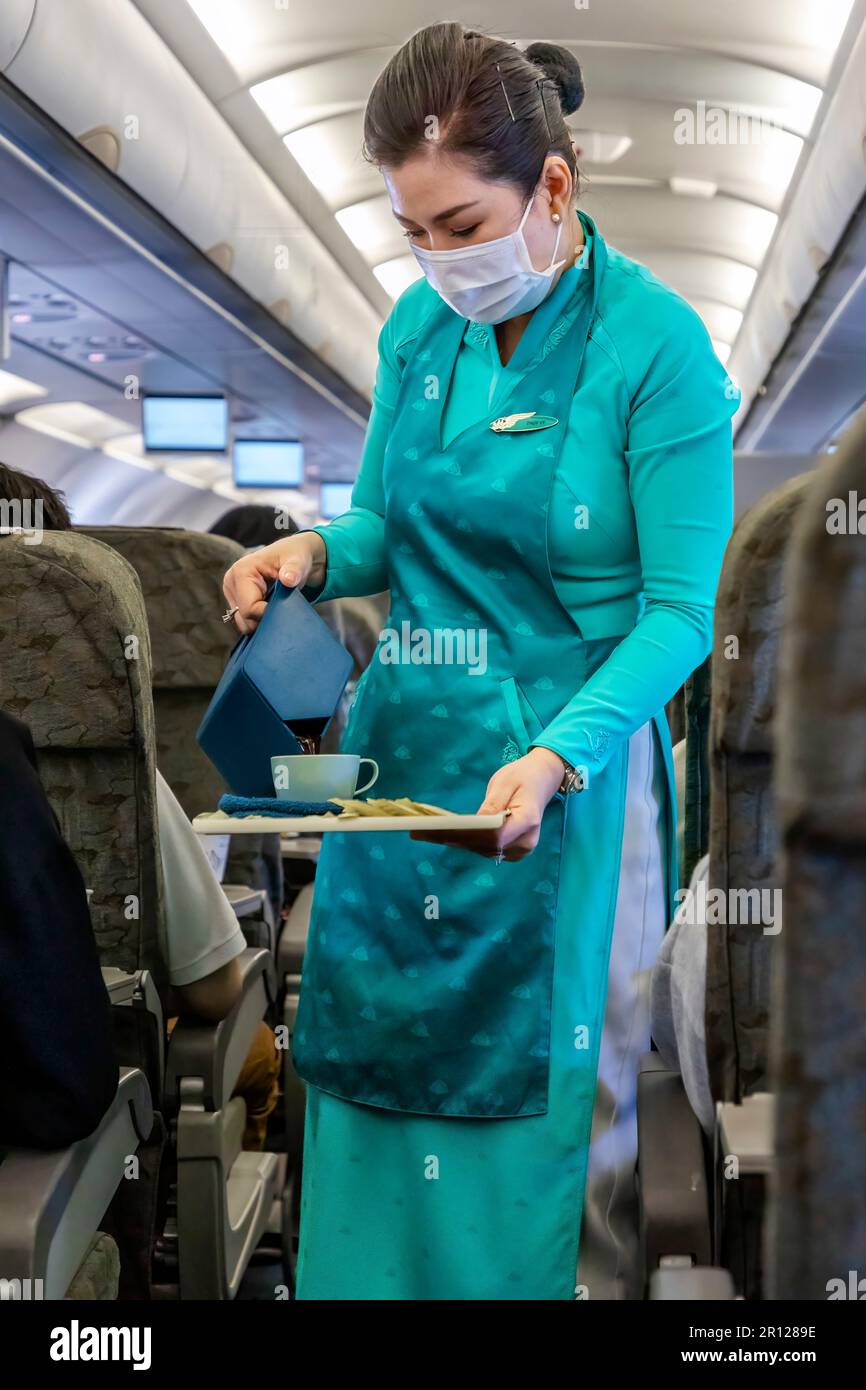 Vietnam Airlines cabin crew wearing traditional ao dai uniform on ...