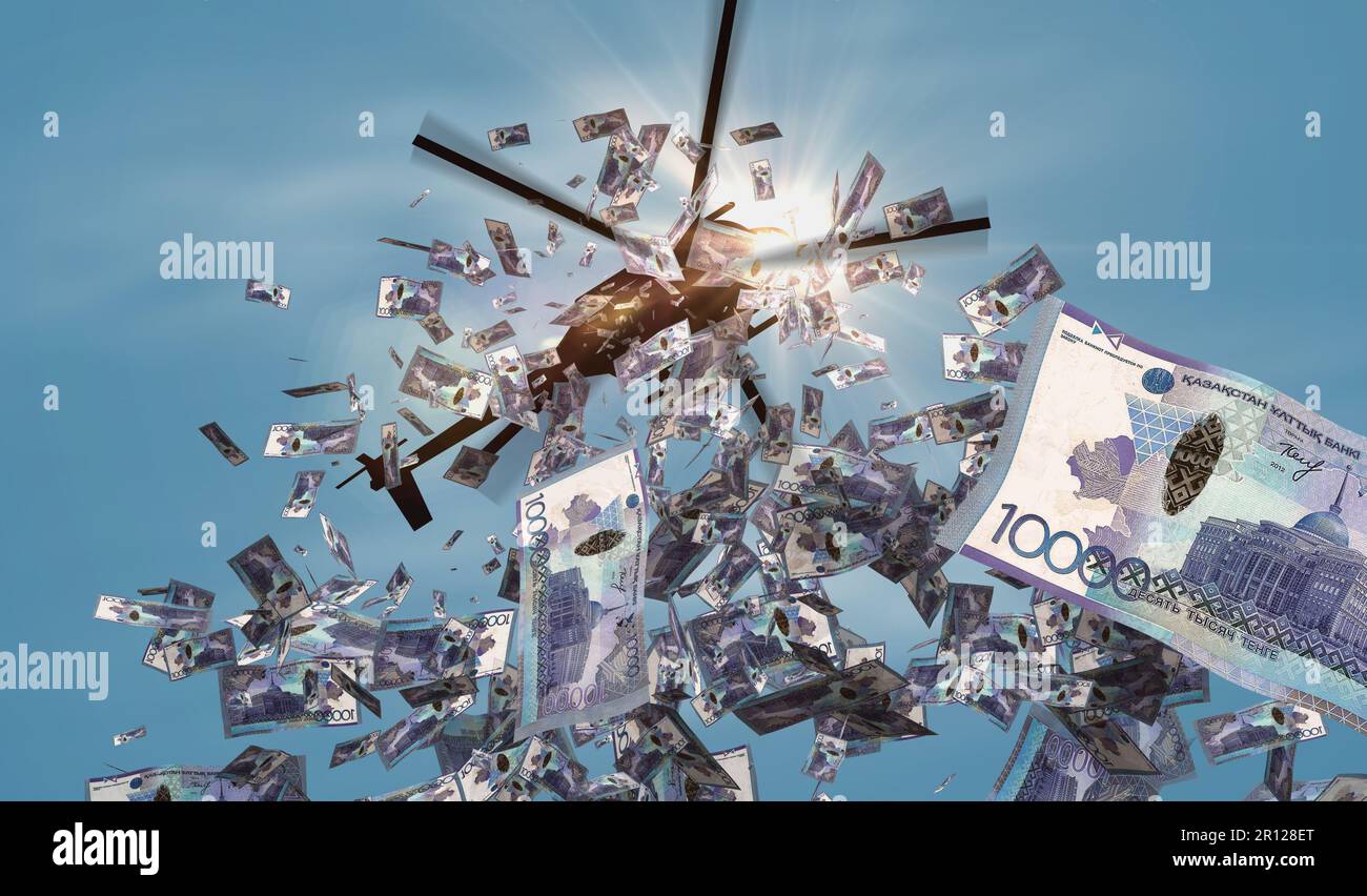 Kazakh Tenge banknotes helicopter money dropping. Kazakhstan KZT 10000 notes abstract 3d concept of inflation, money printing, finance, economy, crisi Stock Photo