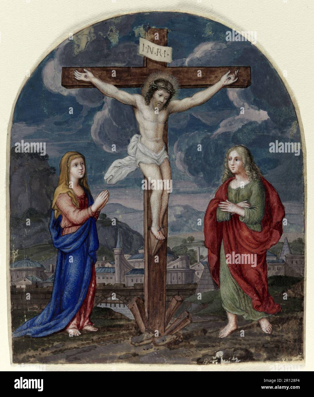 The Crucifixion, Execution, of Jesus of Nazareth, Christ, Good Friday, Golgotha, Miniature, cut out from a prayer book, c. 1540-1550, Flanders, Antwerp, Tempera on vellum, Historic, digitally restored reproduction from a 19th century original. Stock Photo