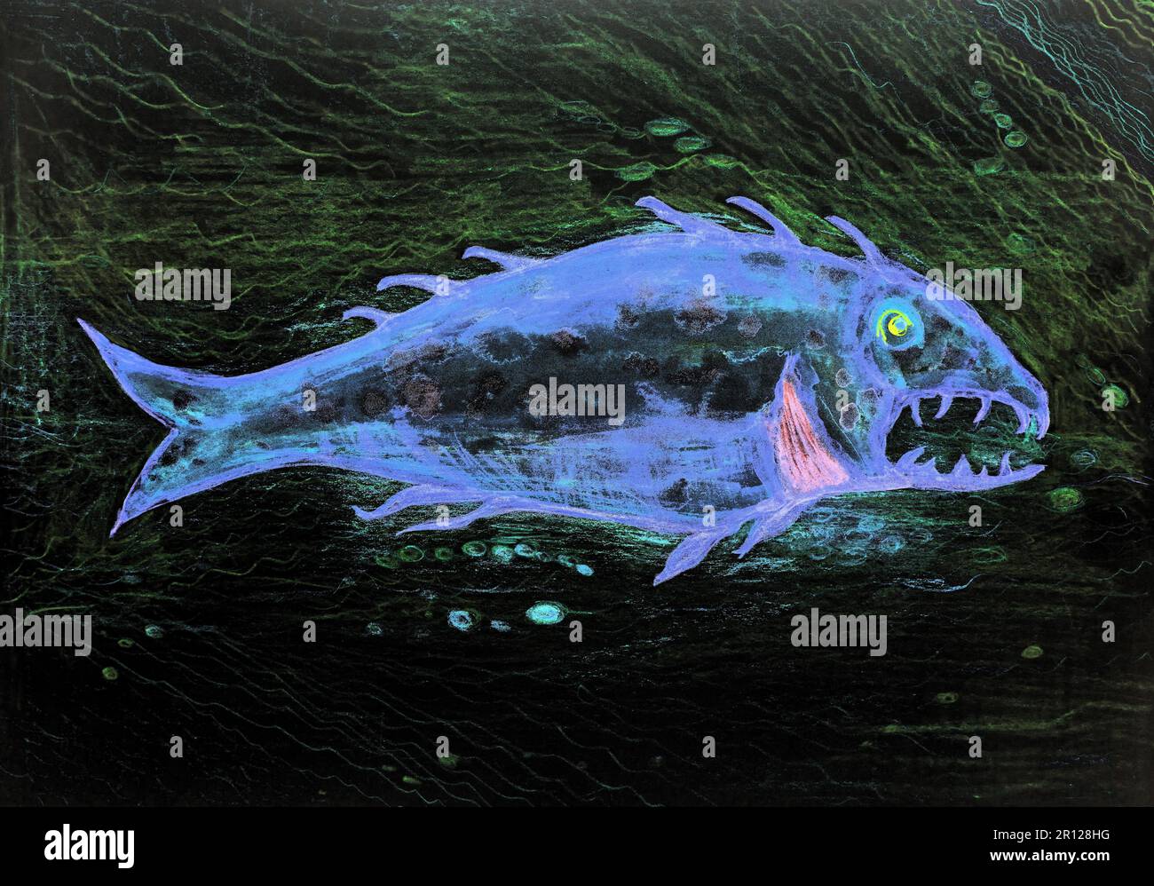 Psychedelic big blue fish in greenish water. The dabbing technique near the edges gives a soft focus effect due to the altered surface roughness of th Stock Photo