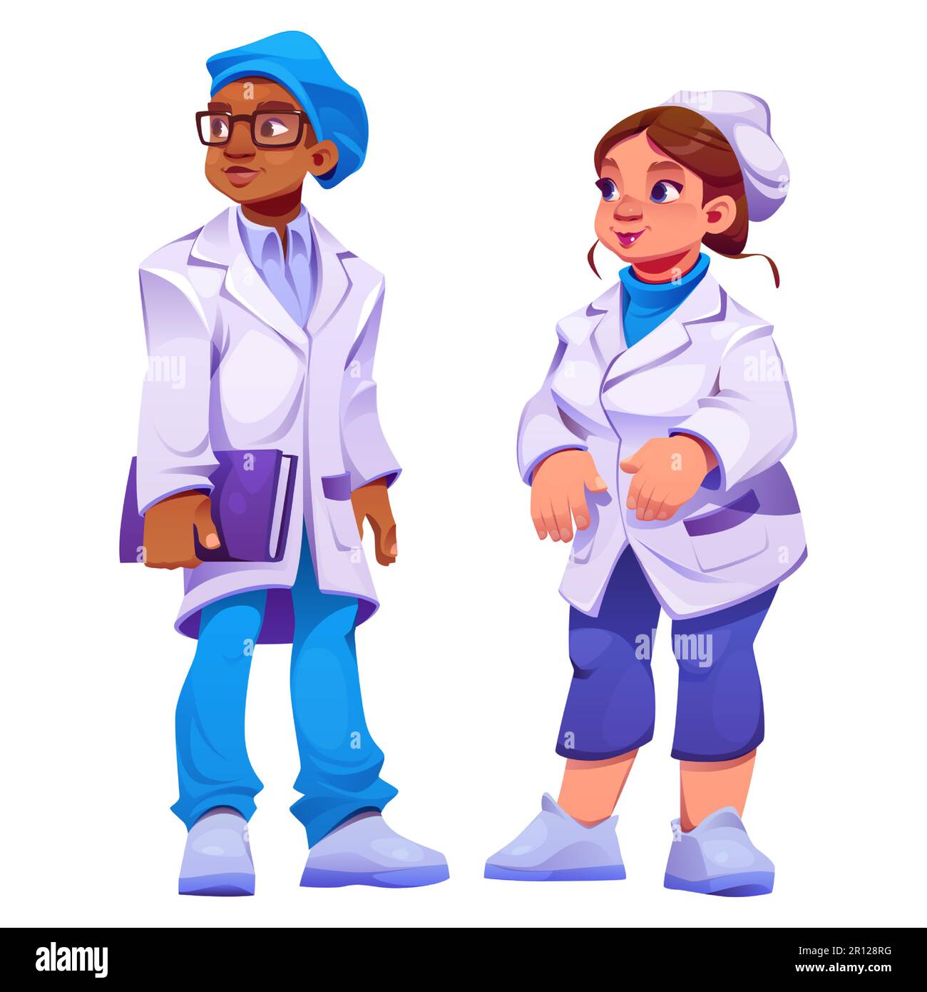 Cartoon set of medical personnel isolated on white background. Vector illustration of multiethnic male and female young doctors and nurses character in hospital uniform. Health care clinic services Stock Vector