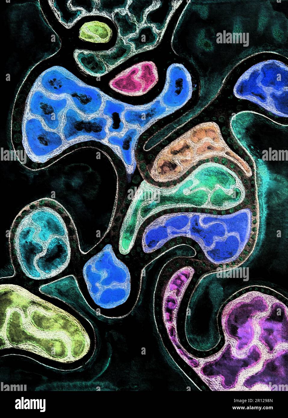 Abstract cosmic metallic doodle with black background. The dabbing technique near the edges gives a soft focus effect due to the altered surface rough Stock Photo