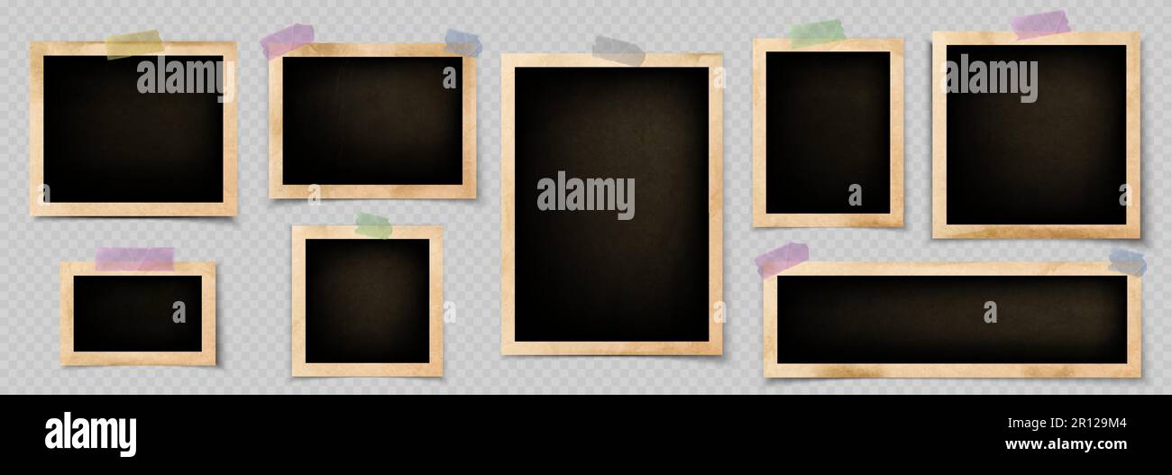 Realistic set of old photos attached to album page with sticky tape