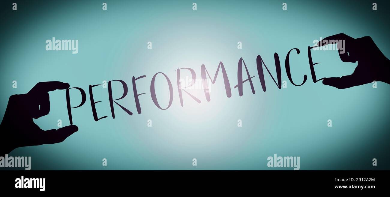Performance - human hands holding black silhouette word, gradient ...
