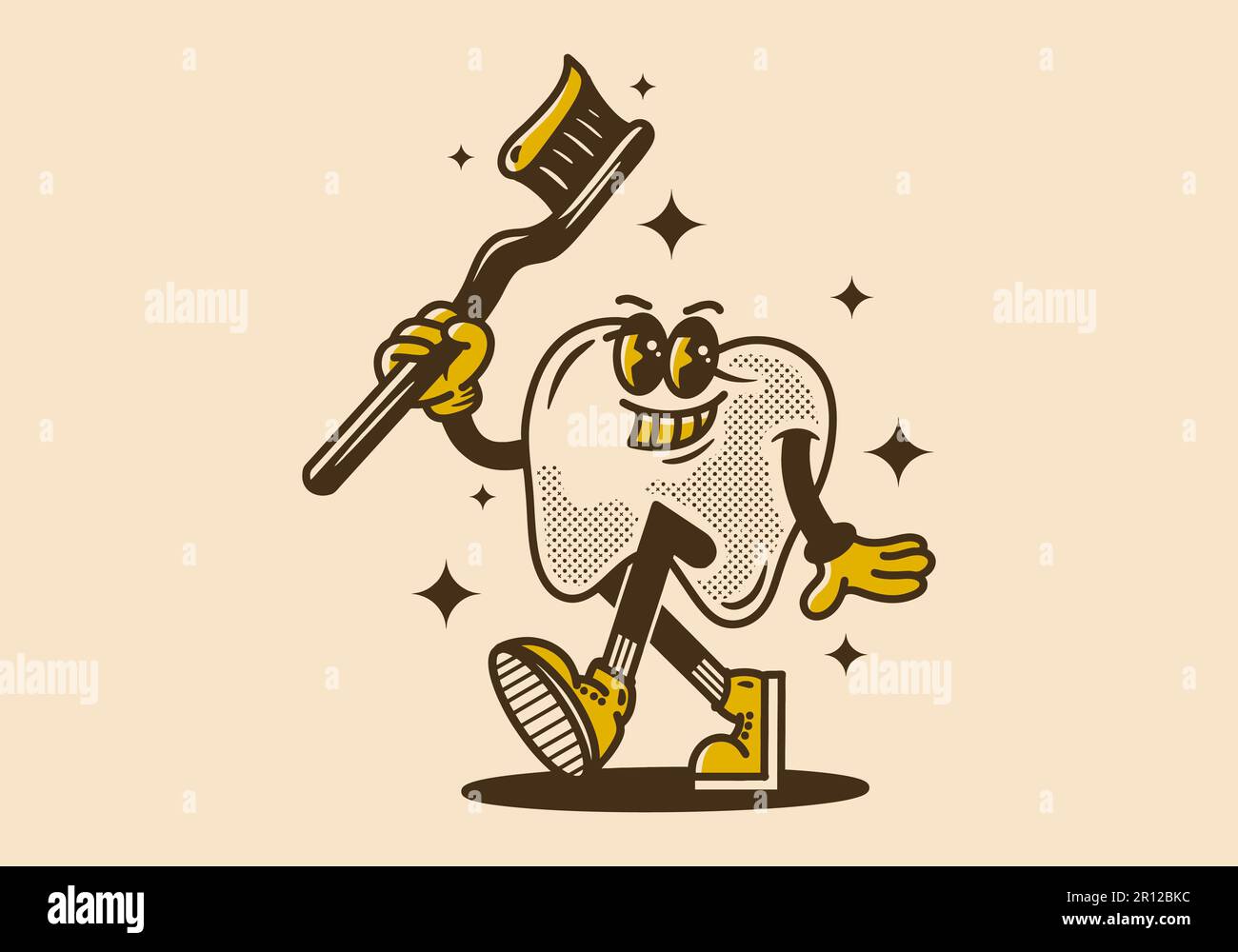 Vintage mascot character design of tooth holding a tooth brush Stock Vector