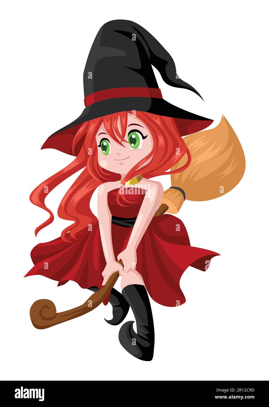 Cartoon illustration of a cute witch flying on her broom Stock Vector