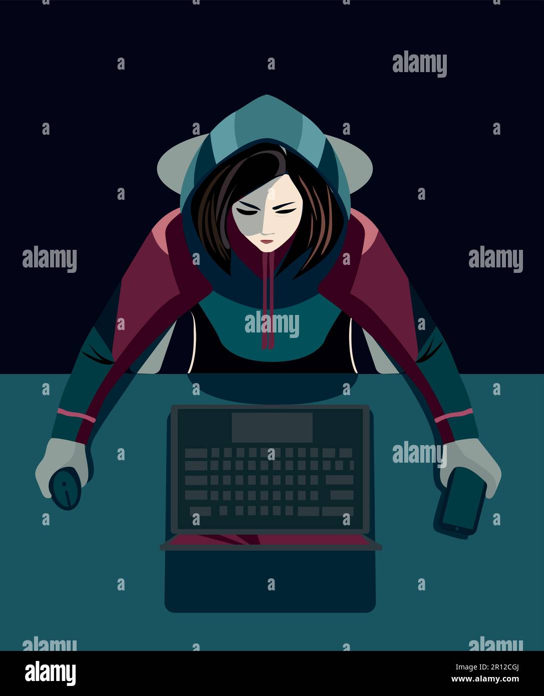 Top view. Hacker with computer on a desktop. Hooded girl with laptop. Hacking connection. Steal information and spread it online Stock Vector