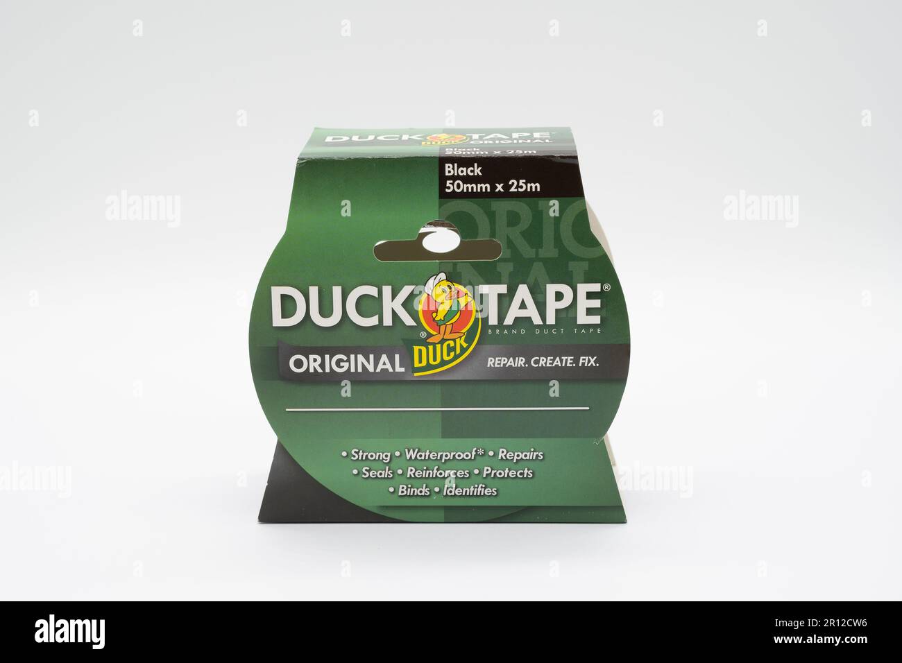 Irvine, Scotland, UK - February  02, 2023: Duck branded duck tape with cardboard sleeve that is fully recyclable and set against a white background wi Stock Photo