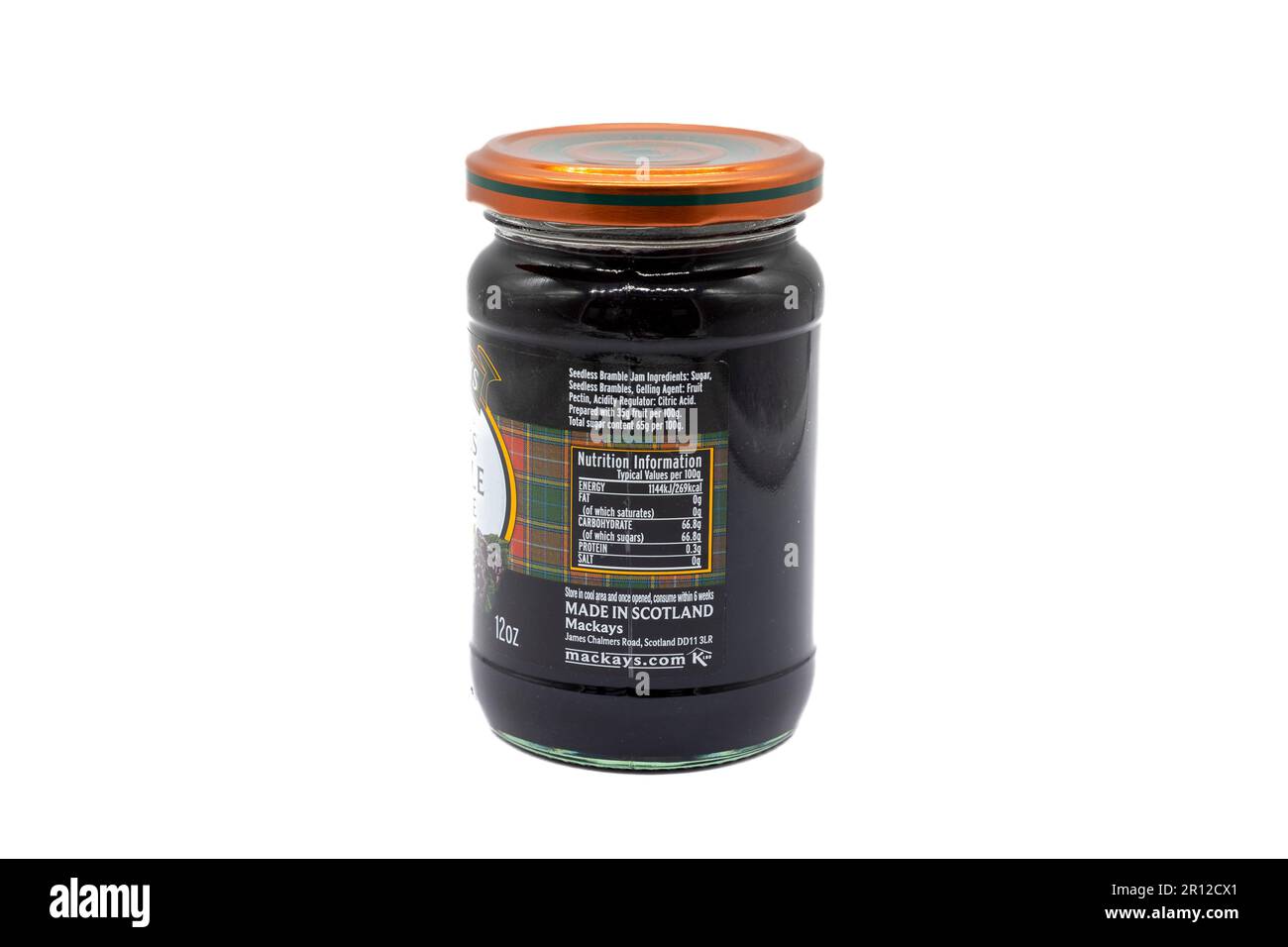 Irvine, Scotland, UK - February  02, 2023: Mackays branded seedless Bramble Preserve or jam in a glass Jar and metal lid that is fully recyclable and Stock Photo