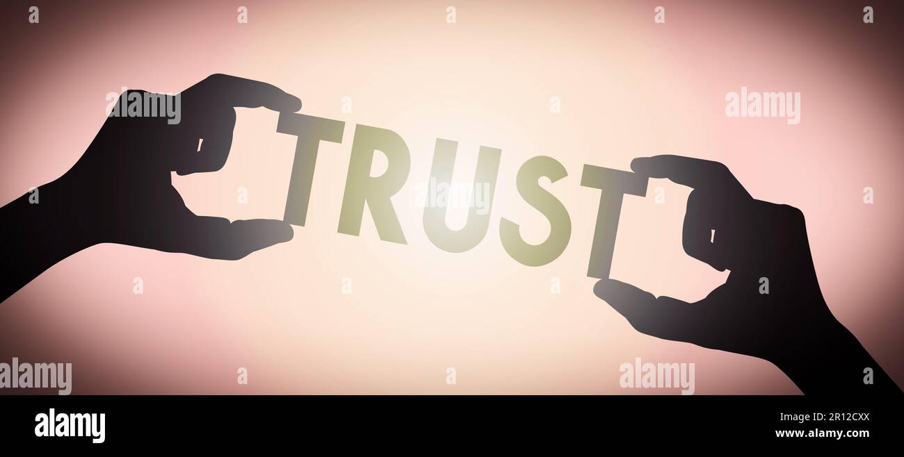 Trust - human hands holding black silhouette word, gradient background Stock Photo