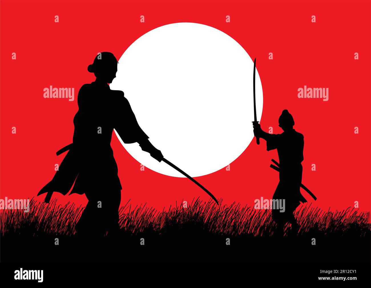 Two Samurai in duel stance facing each other on grass field Stock Vector