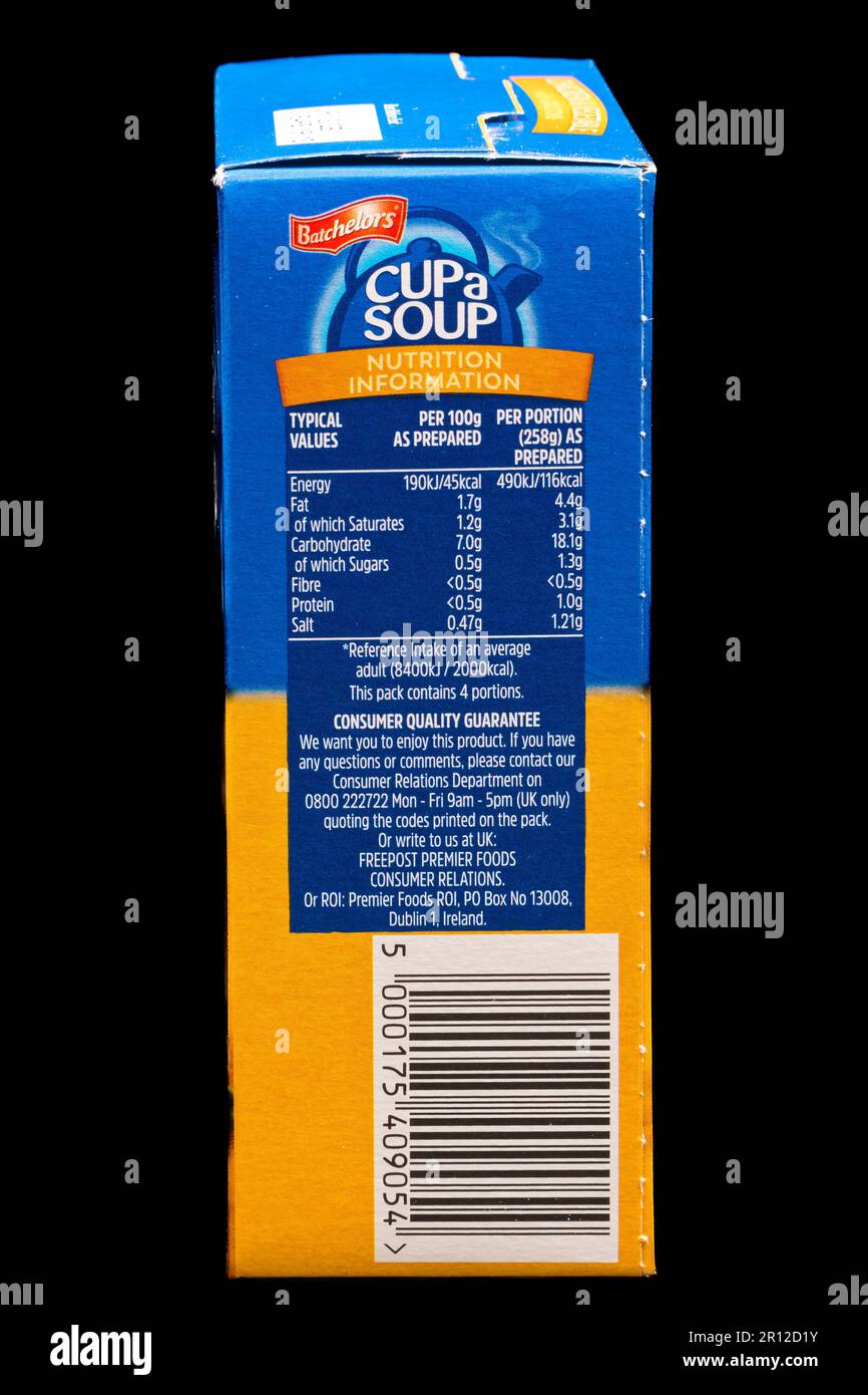 Irvine, Scotland, UKMarch 12, 2023 Batchelor’s branded Cup a Soup four sachet packet in fully