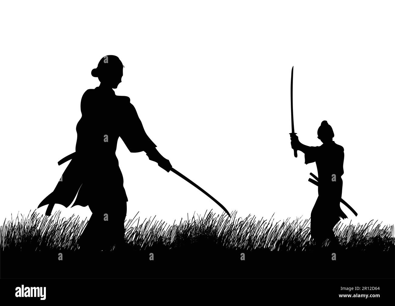 Two Samurai in duel stance facing each other on grass field Stock Vector