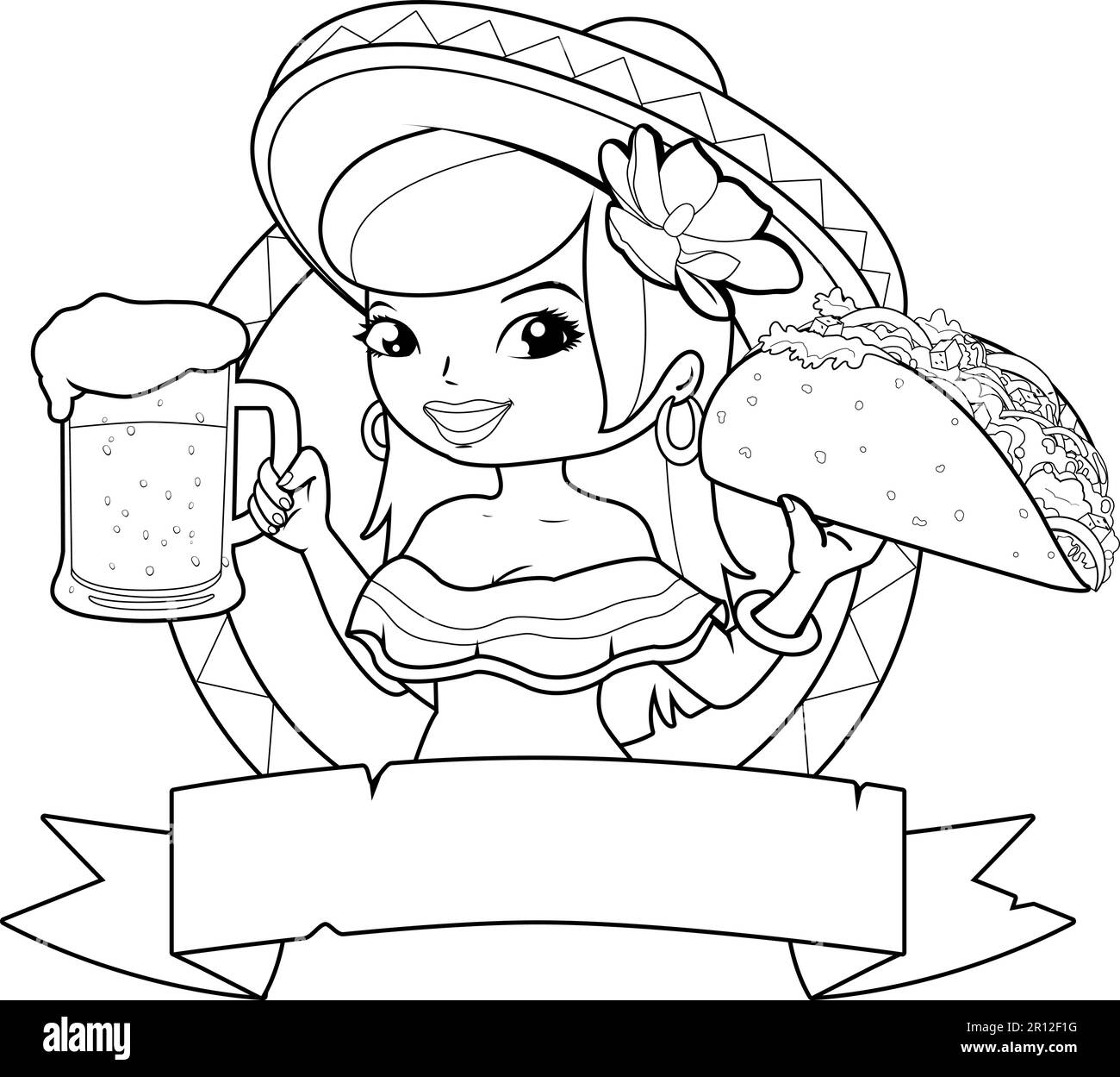 Mexican woman serving a cold beer and a taco. Vector black and white coloring page Stock Vector