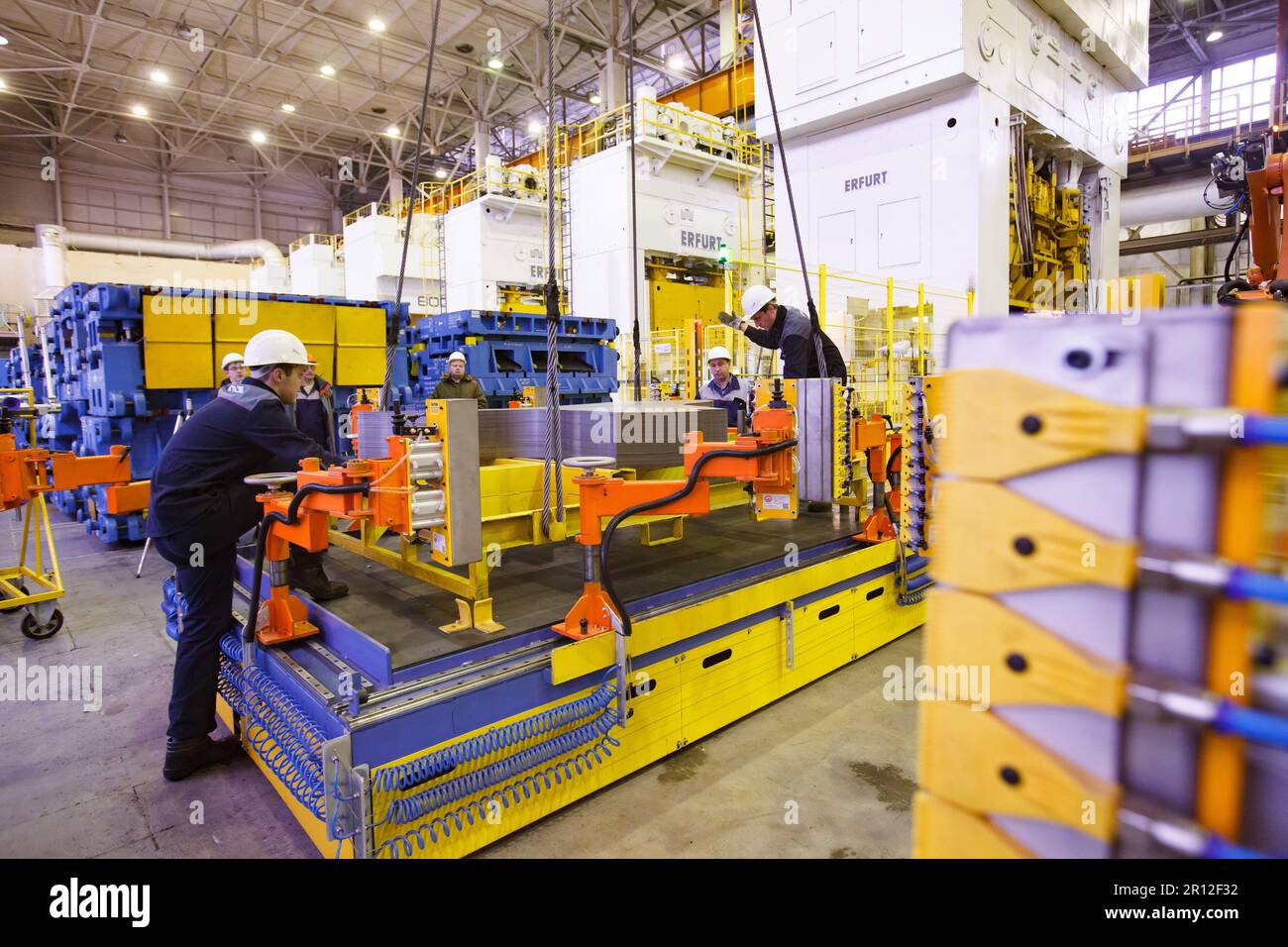 Nizhny Novgorod, Russia - November 21, 2020: GAZ car production plant. Workers lift up press molds. Stock Photo
