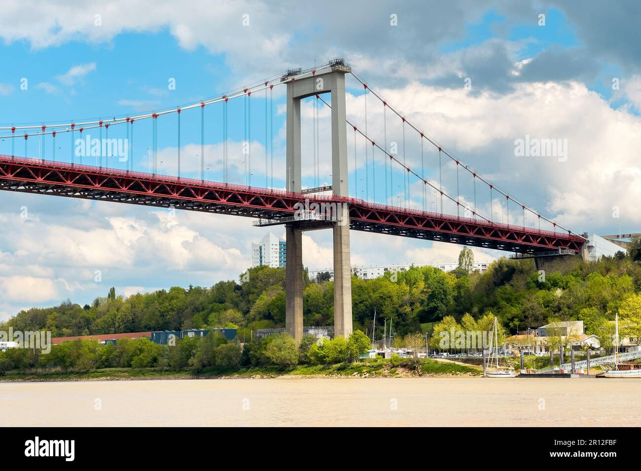 the pont d'Aquitaine is suspension bridge above the river Garonne in Bordeaux France. High quality photography Stock Photo