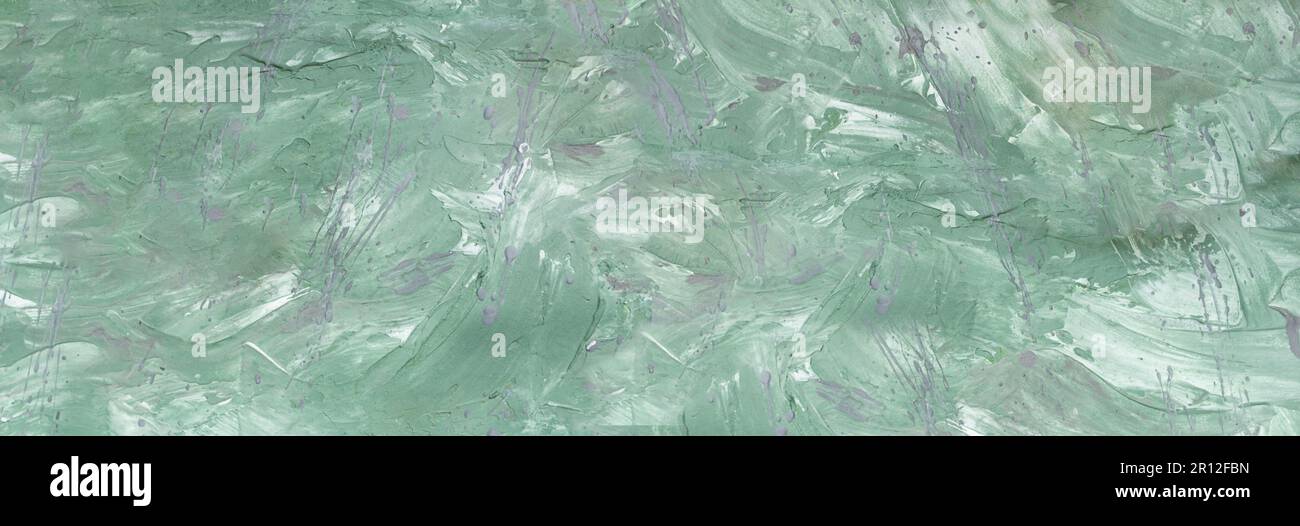 Green background with dynamic paint strokes and malachite splashes. Spring or summer background. Drawn. Copy space Stock Photo