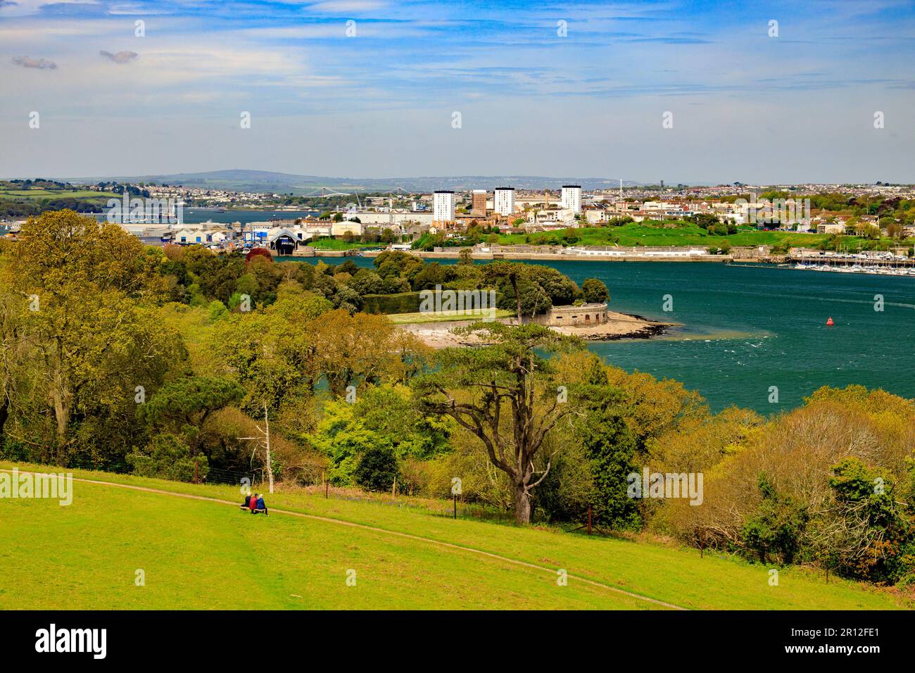 Looking across the River Tamar towards the Plymouth waterfront from Mount Edgcumbe Country Park, Cornwall, England, UK Stock Photo