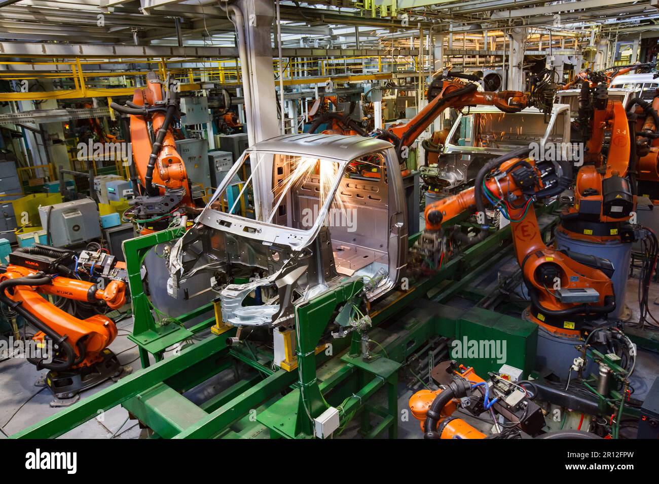 Nizhny Novgorod, Russia - November 21, 2020: GAZ car production plant. Automatic car bodies welding line Stock Photo