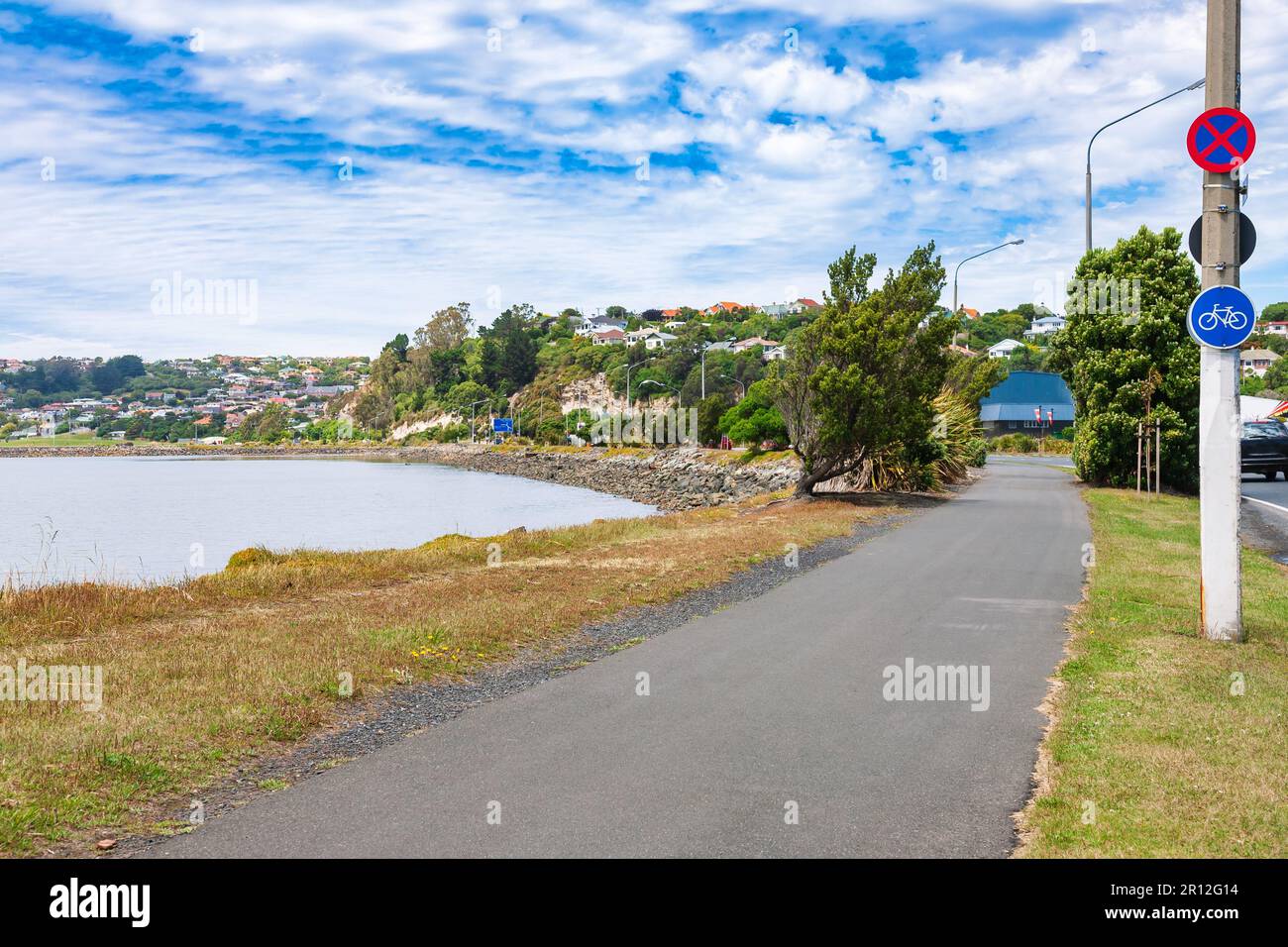 Scenic cycle route along Otago Harbour near Dunedin in  South Island of New Zealand Stock Photo