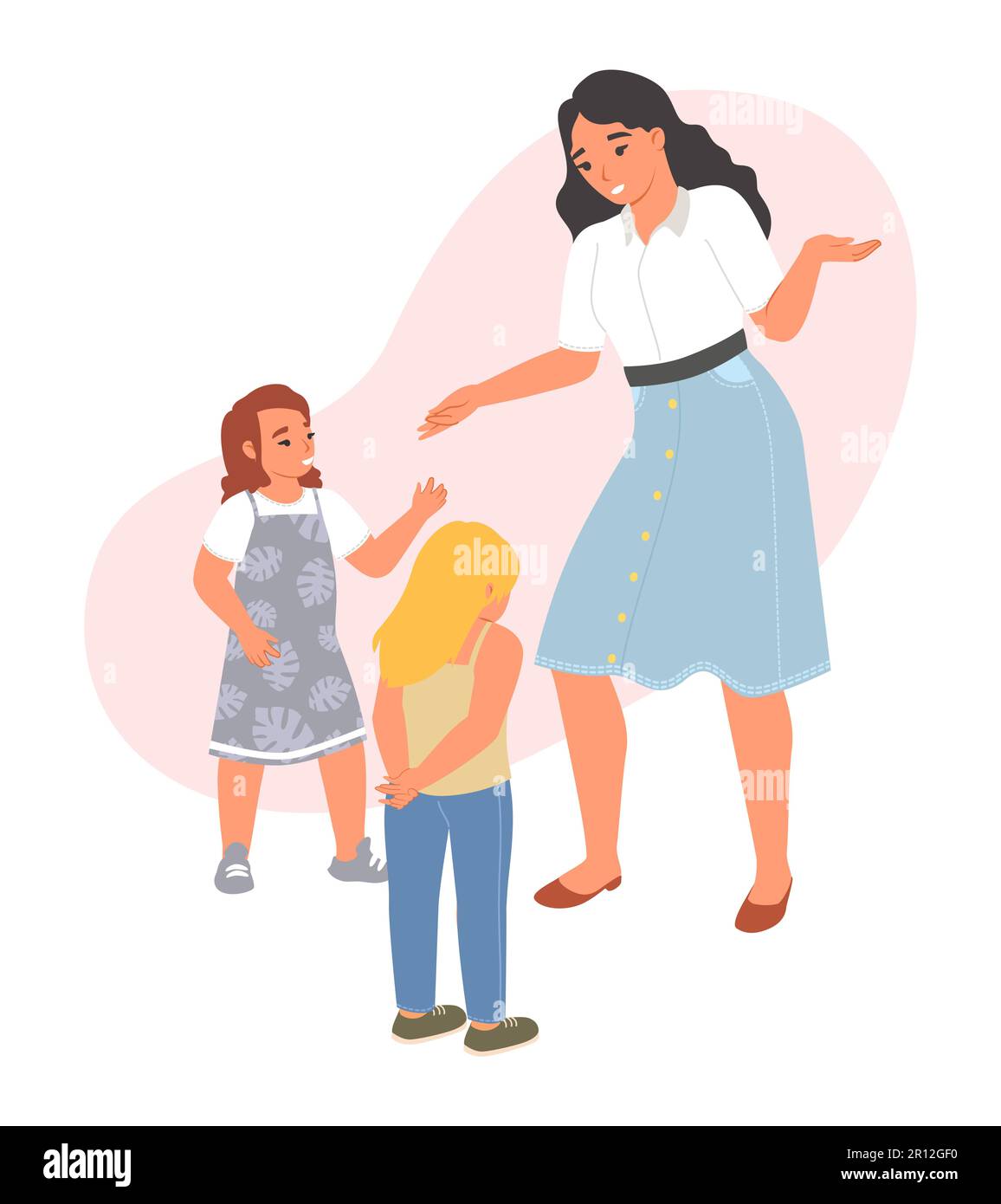 Woman teacher talking to kids after quarrel vector illustration Stock Vector
