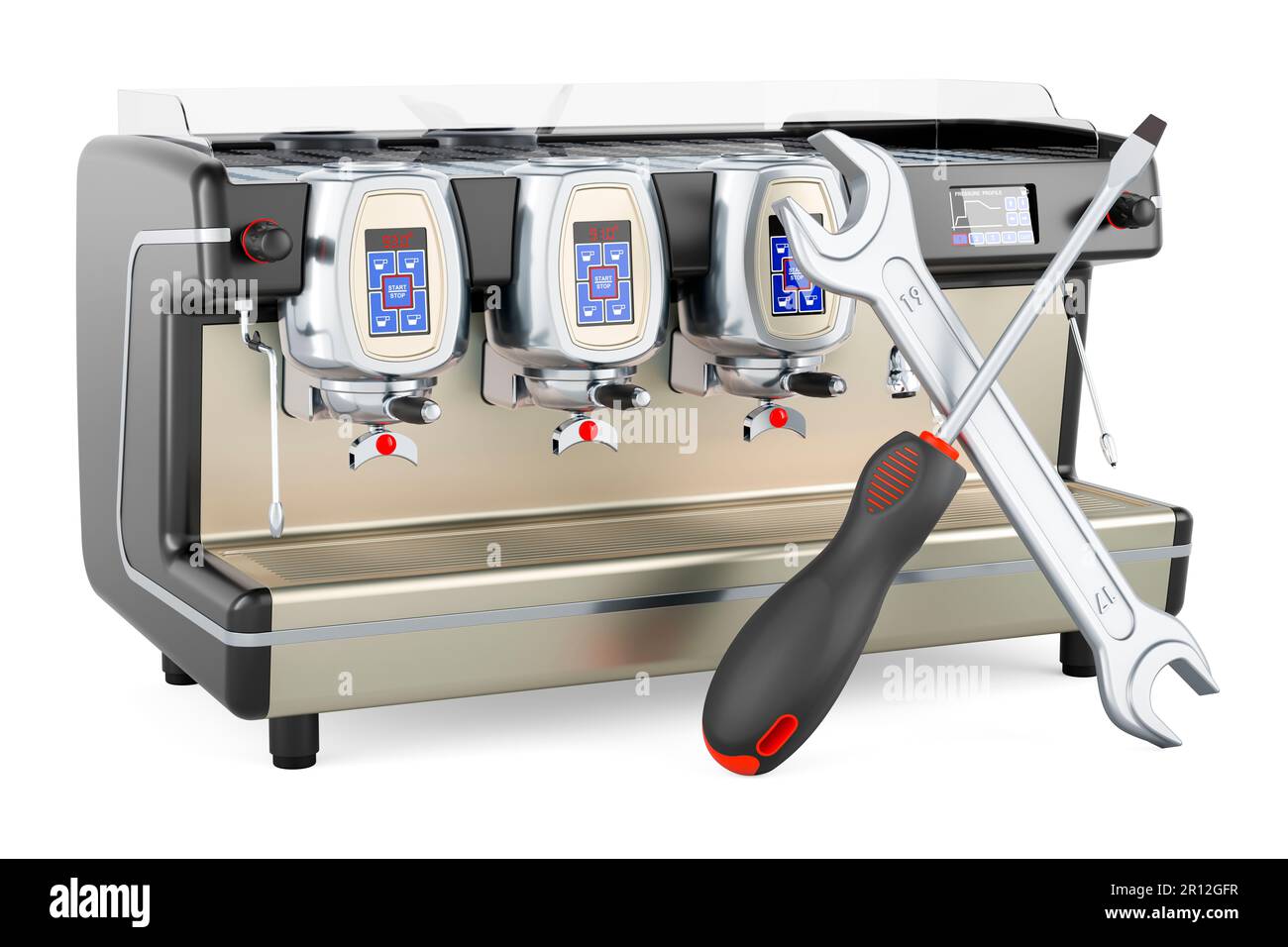 Espresso coffee machine professional with screwdriver and wrench. 3D