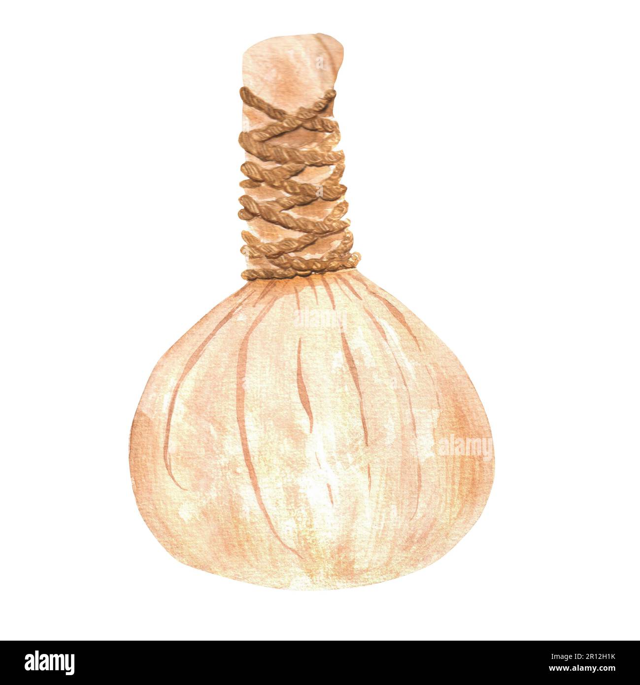 Hand drawn watercolor illustration of herbal massage ball. An item for ayurvedic and spa procedure. This illustration can be used as a part of design Stock Photo