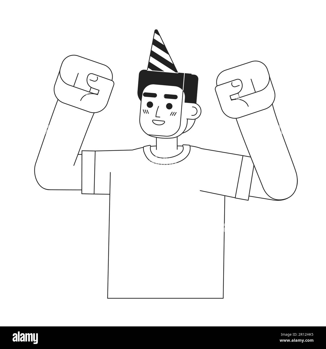 Excited man wearing party hat celebrating birthday monochromatic flat vector character Stock Vector