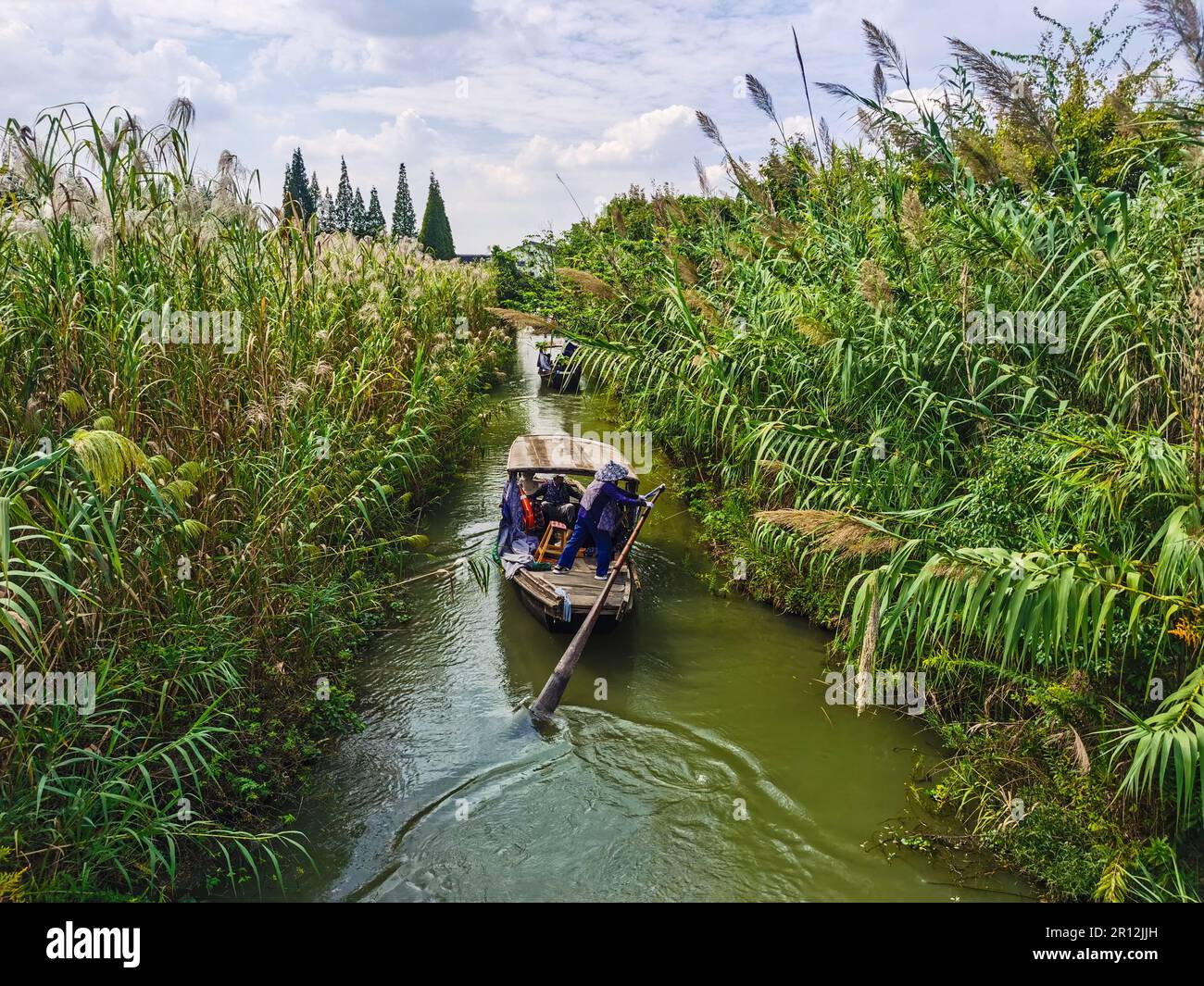 A group of people enjoying a boat ride down a river surrounded by lush ...