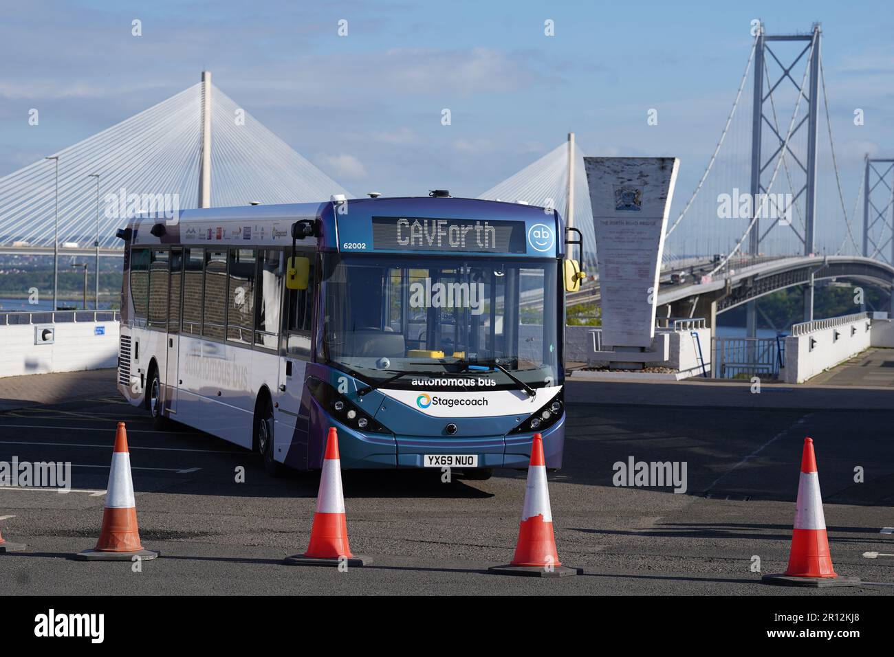 One of the new buses on show at the Traffic Scotland National Control Centre in South Queensferry, during the launch of the UK's first autonomous bus service. A fleet of five Alexander Dennis Enviro200AV vehicles will cover a 14-mile route, in mixed traffic, at up to 50mph across the Forth Road Bridge near Edinburgh. Picture date: Thursday May 11, 2023. Stock Photo