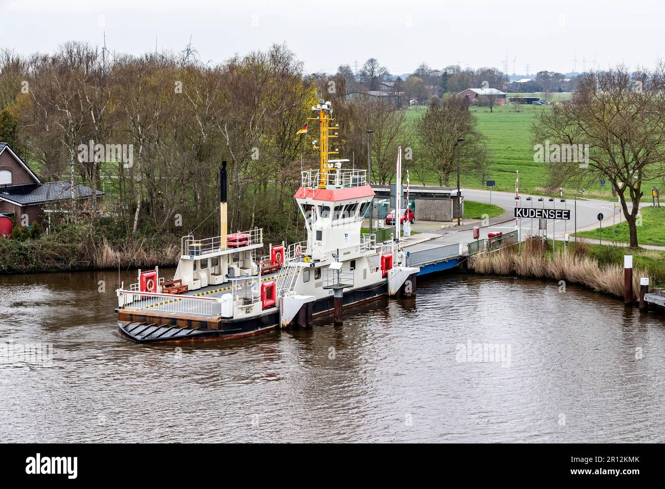 Stettin berthed at the ferry pt. Kudensee in the Kiel Canal, Germany Stock Photo