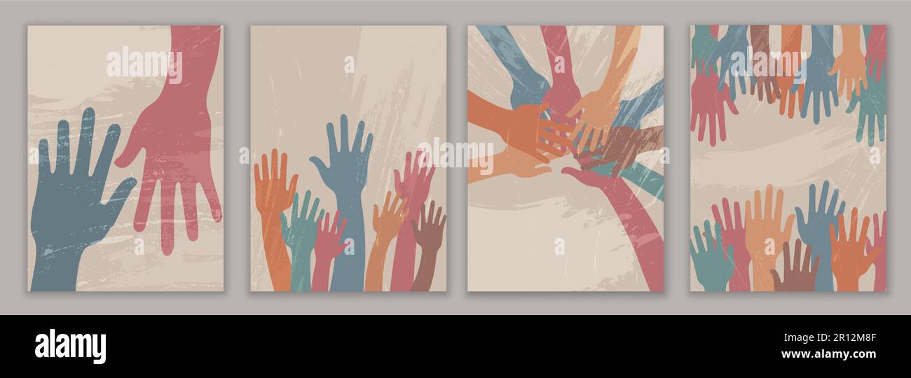 Raised hands group and hands in circle of people diverse culture - poster banner. Racial equality.People diversity community.Creative template design Stock Vector