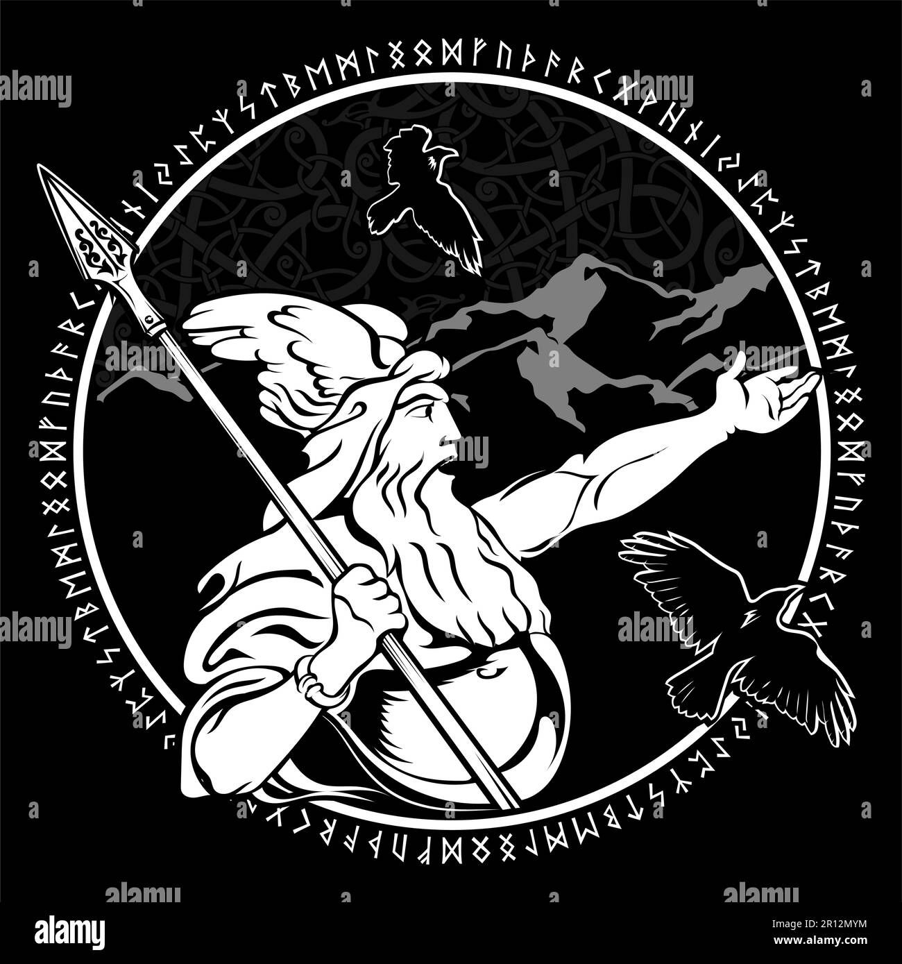 Design in Old Norse style. Supreme God Odin, two Crows and runic signs
