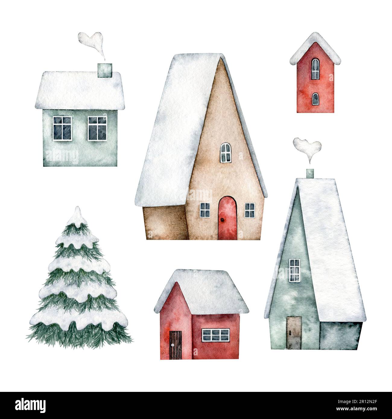 Winter set of cute houses with doors, windows, chimney, with snow on the roof and spruce tree. Hand painted watercolor design for Christmas card Stock Photo