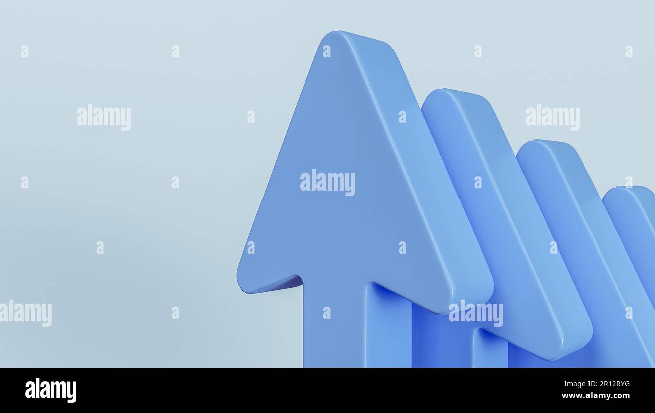 A 3D rendered illustration of four blue arrows pointing in the same direction against a white background Stock Photo