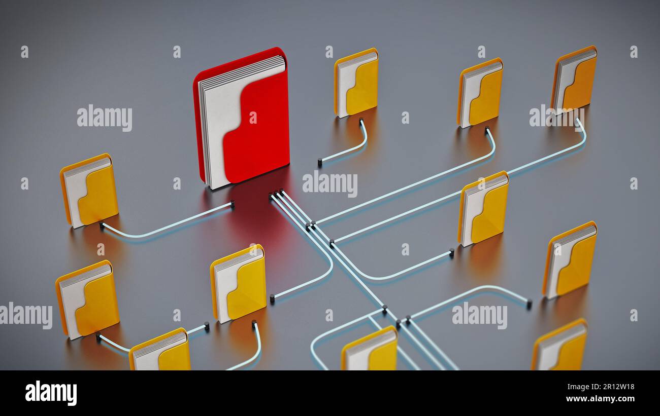 Draw Connection Folder Commander Folders connected to each other in a network. 3D illustration Stock ...