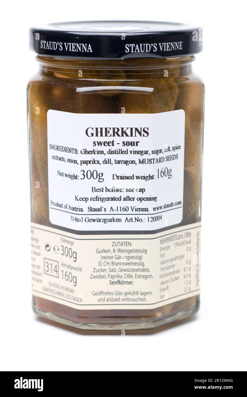 Jar of 300g sweet and sour Gherkins from Stauds Vienne Stock Photo