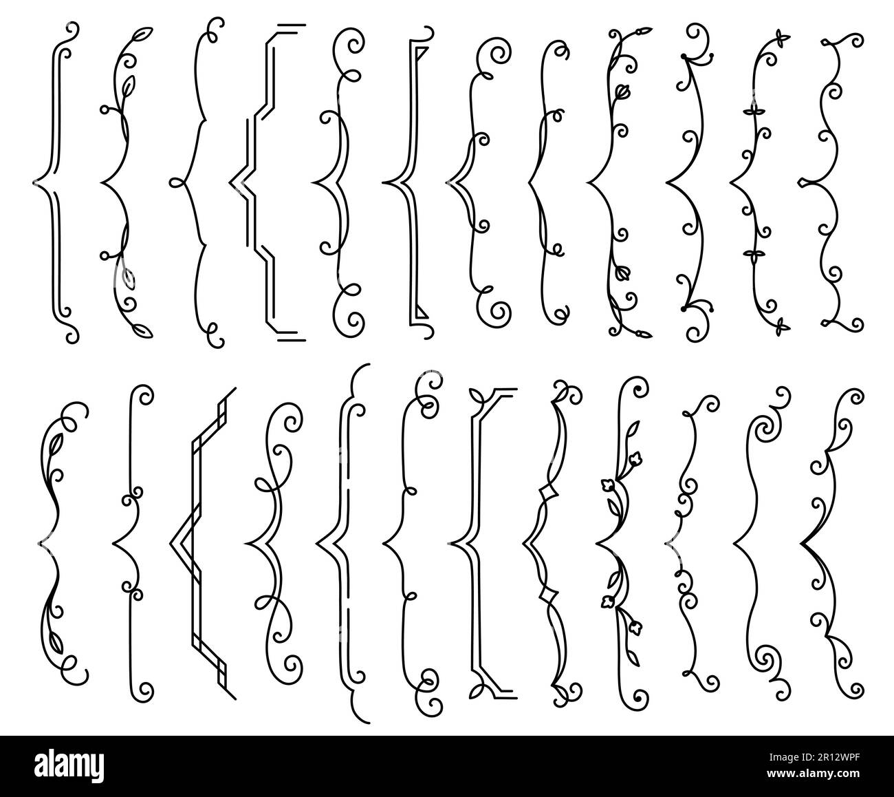 Parenthesis borders or text brackets frames of flourish lines, vector icons. Parenthesis borders, vintage doodle curly dividers with ornate lines, men Stock Vector
