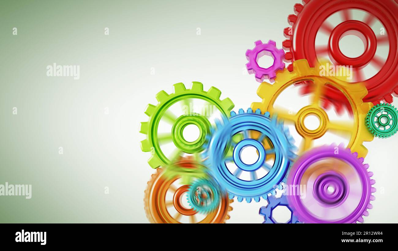 Gears in motion representing teamwork and cooperation. 3D illustration ...