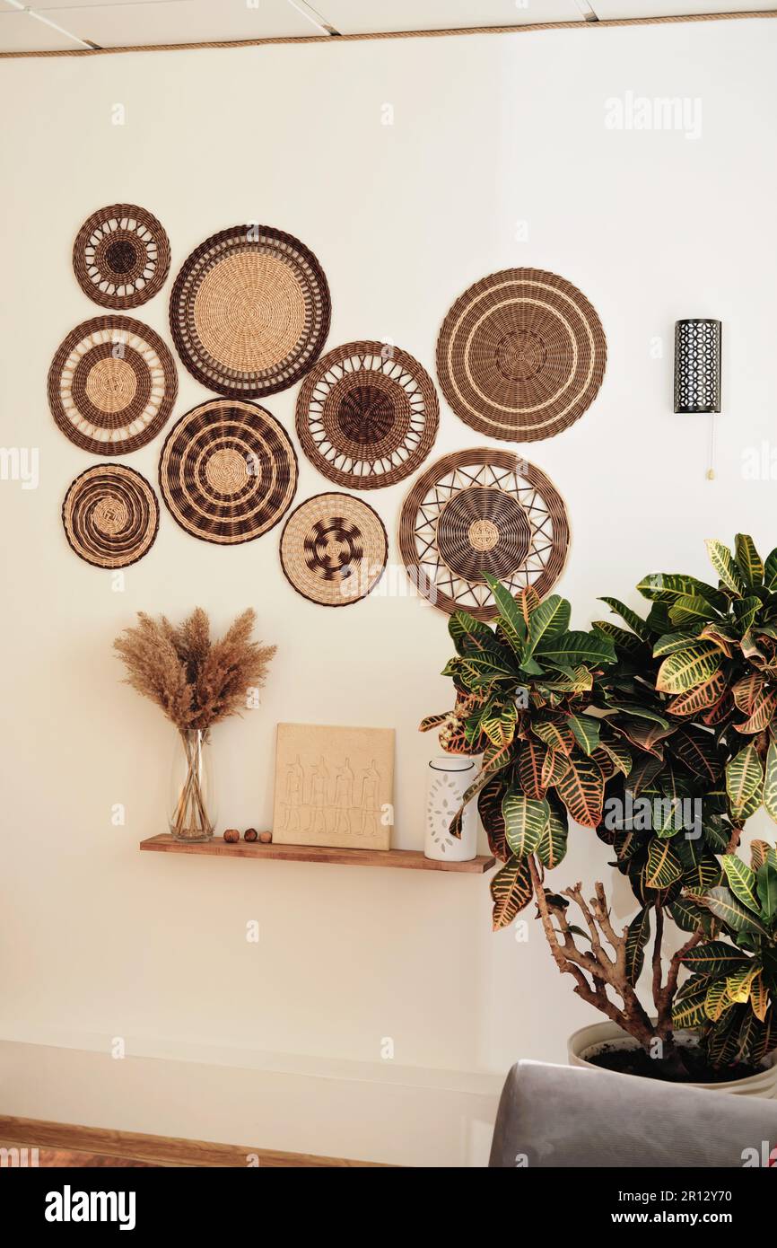 Visual Reference: Wall Decor Boho Style Round Rattan Plates And Pampas Grass