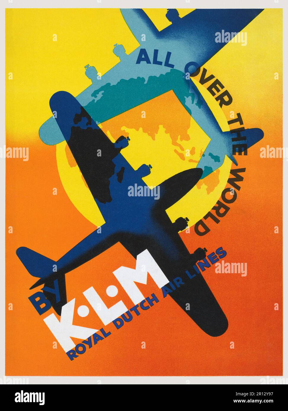 All Over the World by KLM. Royal Dutch Airlines. Artist unknown. Poster published in the 1930s in the Netherlands. Stock Photo