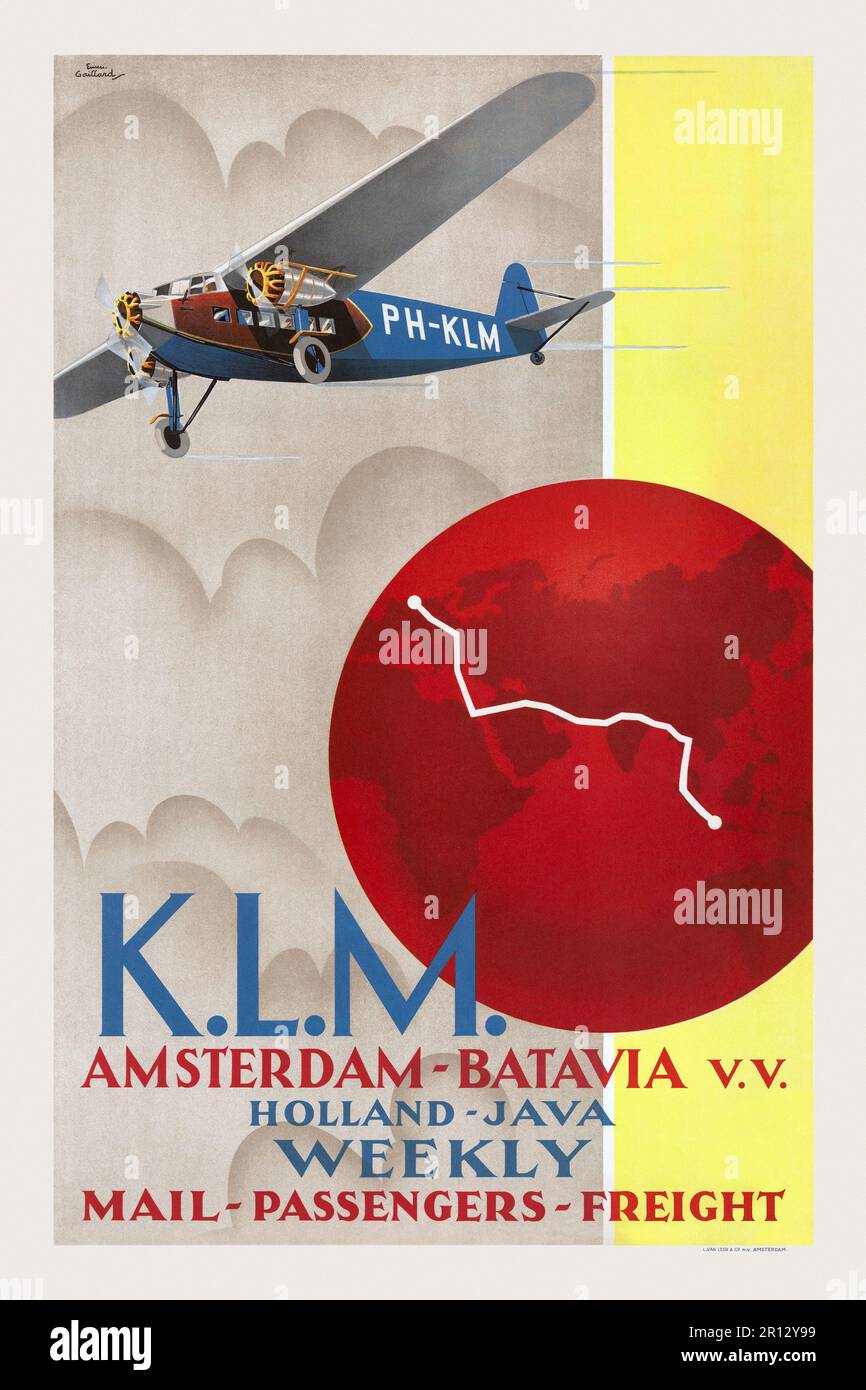 K.L.M. Amsterdam-Batavia. Holland-Java weekly. Mail - Passengers - Freight by Emmanuel Louis Joseph Gaillard (1902-2009). Poster published in 1930 in the Netherlands. Stock Photo