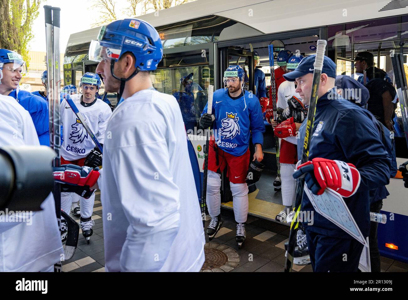 Riga, Latvia. 11th May, 2023. Players get off the bus before the Czech national ice hockey team's training session at Daugava Arena on May 11, 2023 in Riga, Latvia. Credit: David Tanecek/CTK Photo/Alamy Live News Stock Photo
