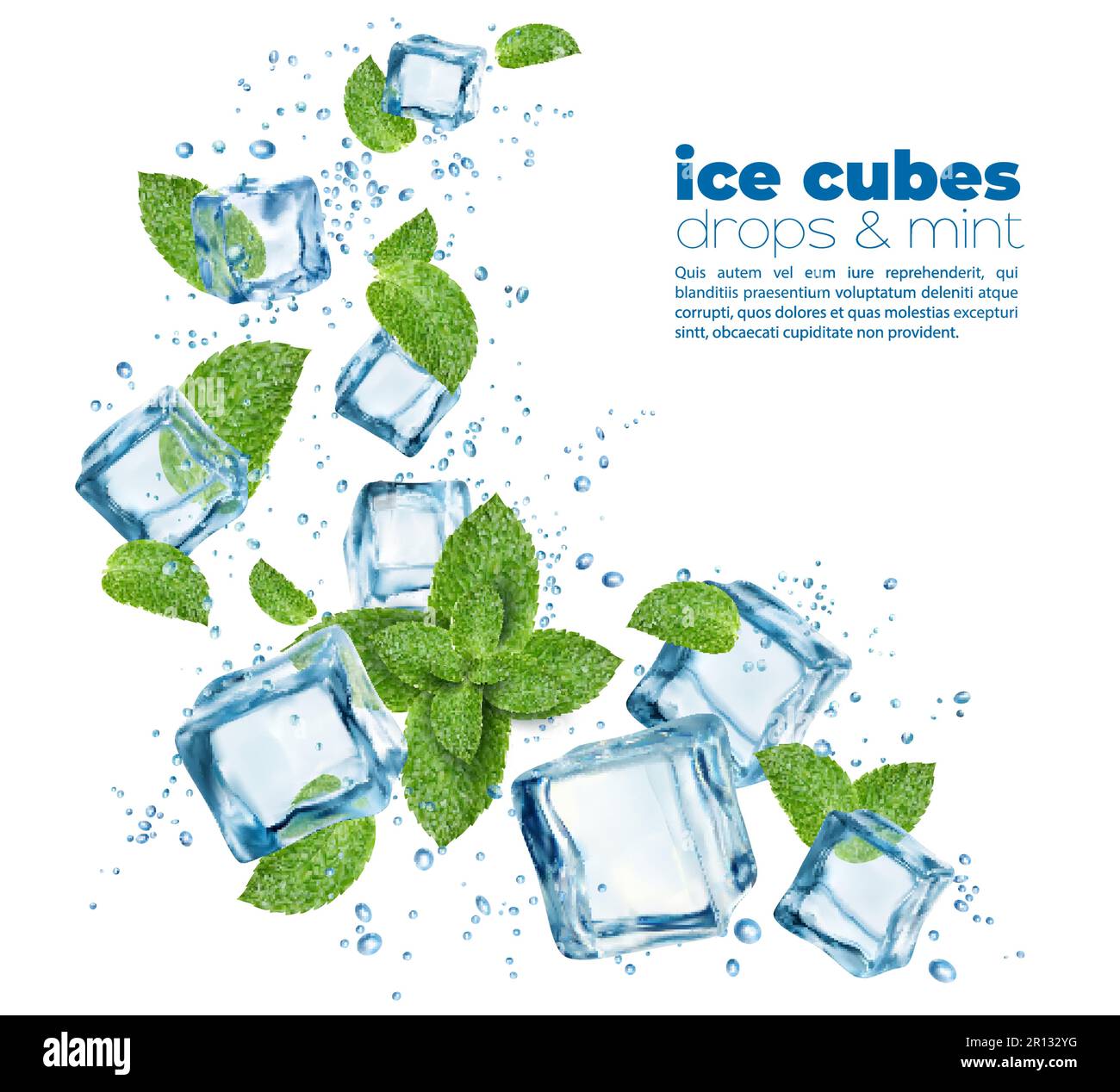 Clean water, ice crystal cubes, mint leaves and bubbles. Menthol, cool