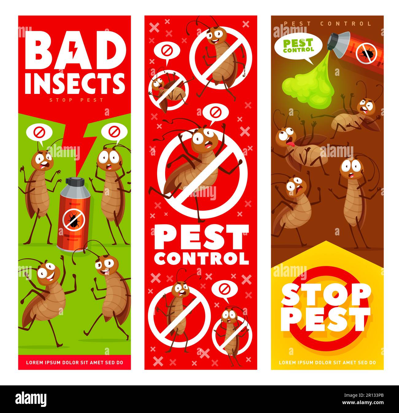 Pest control. Cartoon cockroach characters. Insect parasites